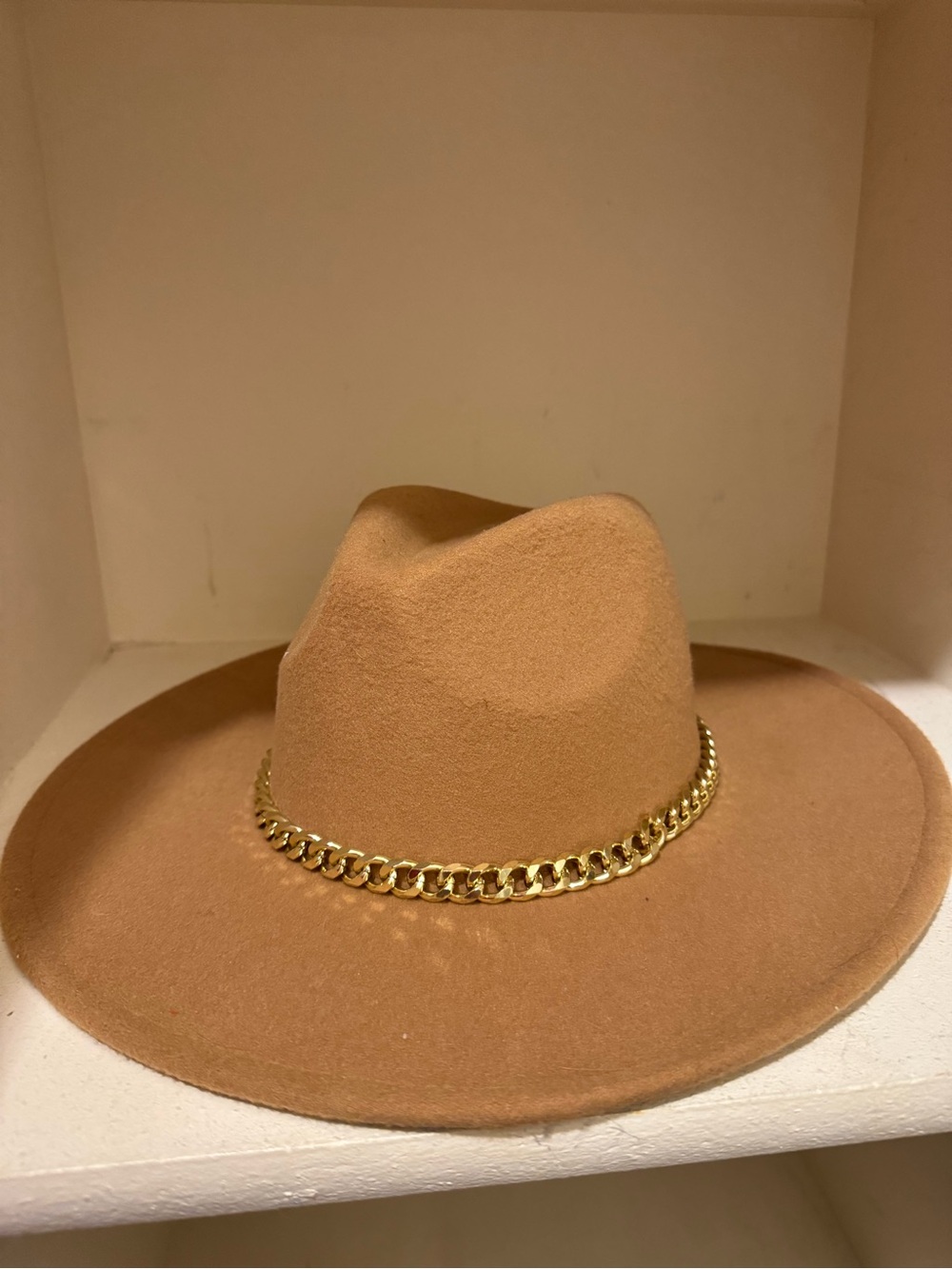Dry Goods Tan Wide Brim Fedora with Gold Chain Trim